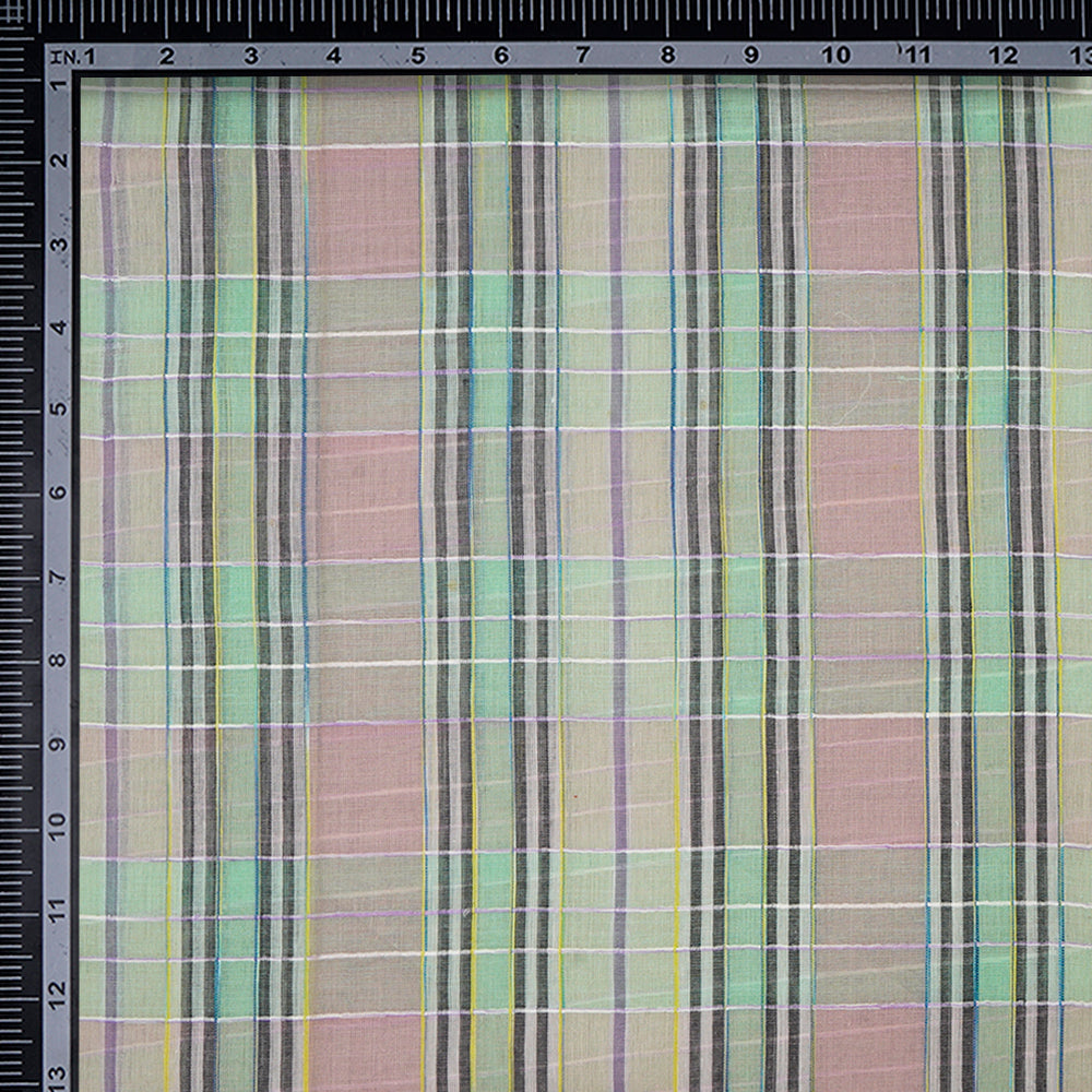 Pink - Green Color Fancy Check Pattern Pure Woven Cotton Voile Fabric