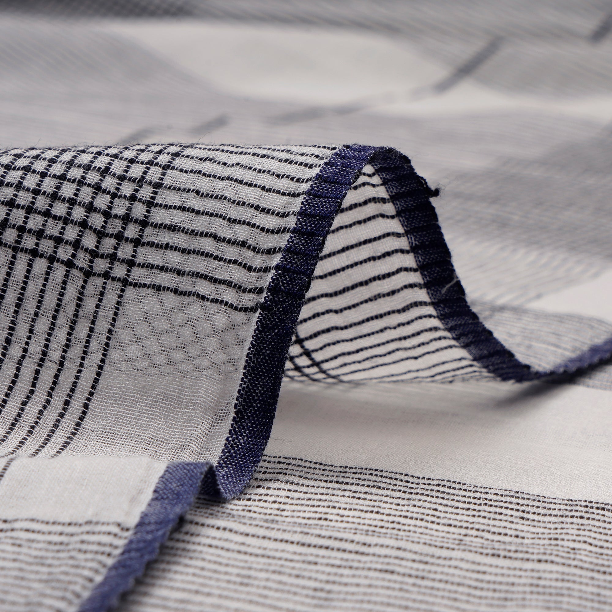 Off-White Striped Check Pattern Handwoven Muslin Cotton Fabric