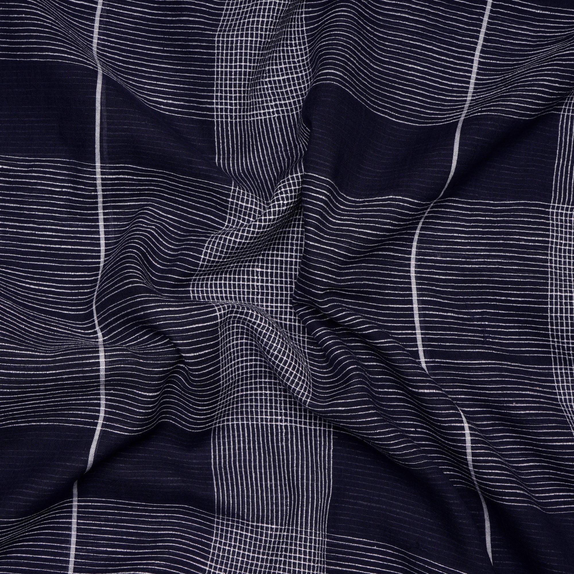 Blue Striped Check Pattern Handwoven Muslin Cotton Fabric