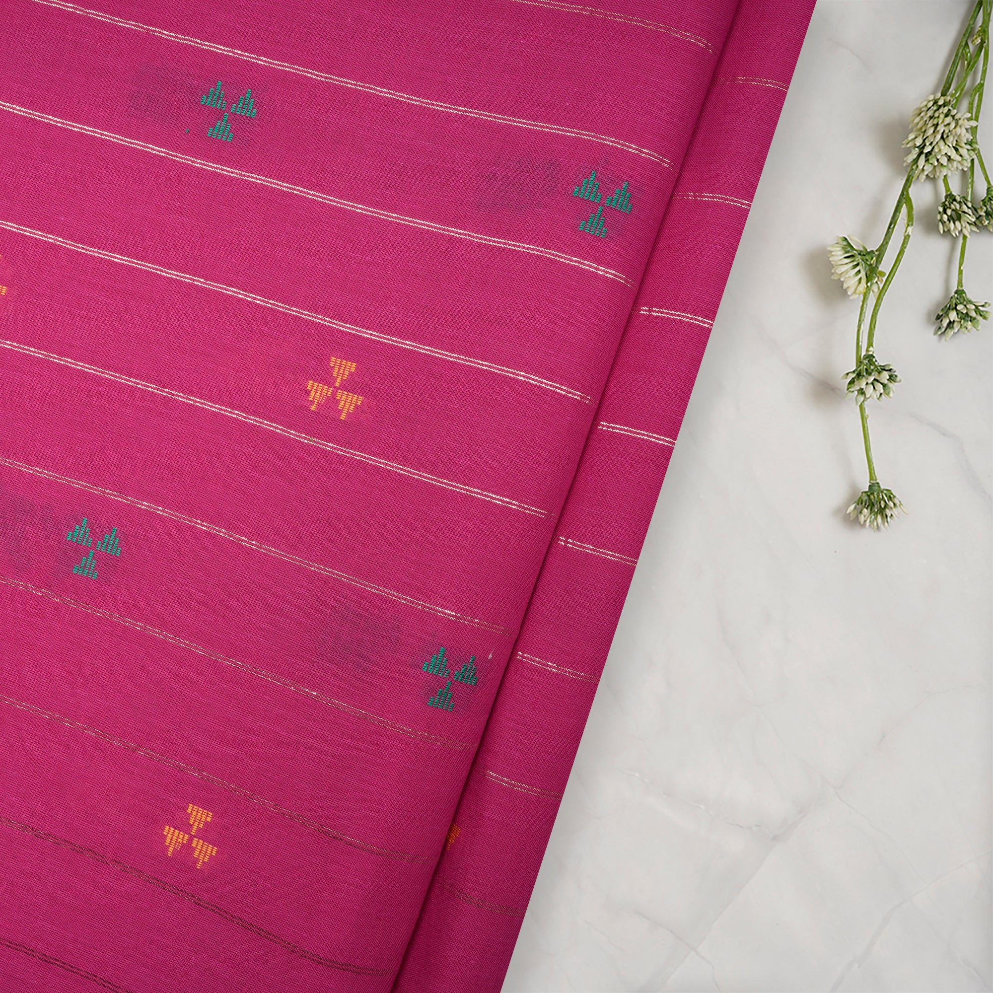 Rani Pink Geometric Pattern Yarn Dyed Cutwork Fancy South Cotton Fabric