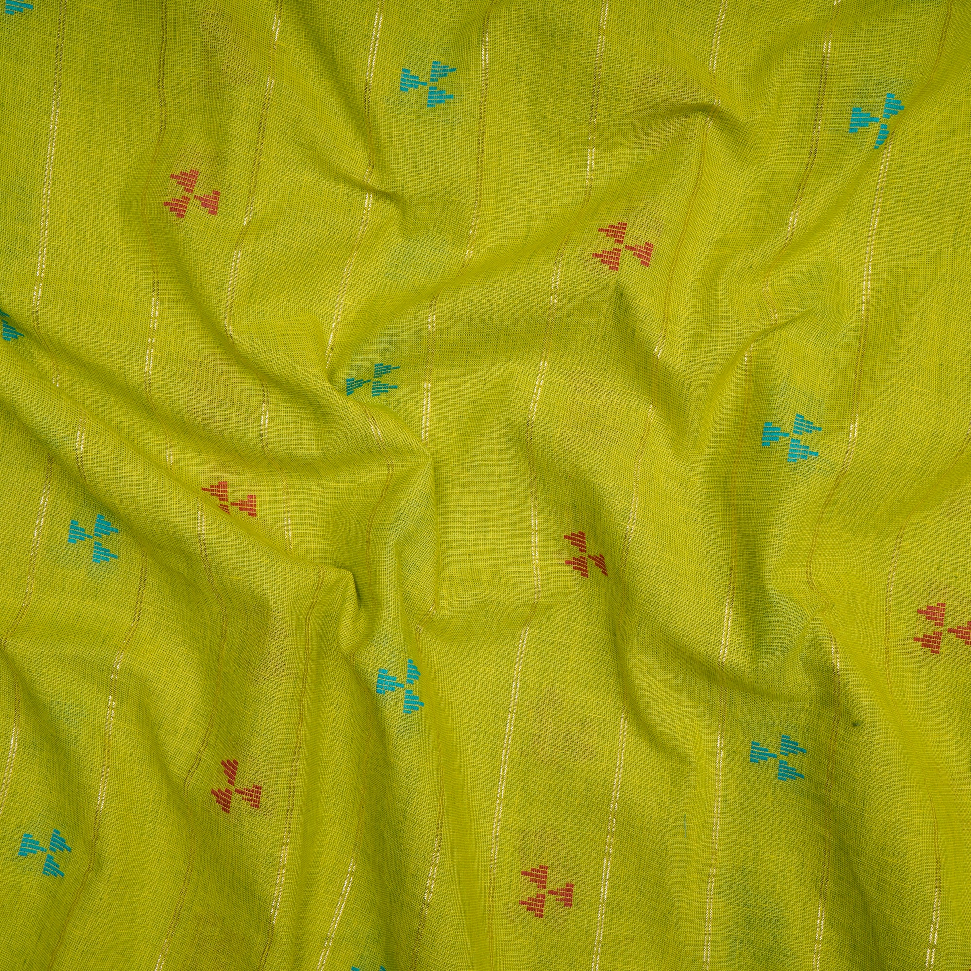 Lime Green Geometric Pattern Yarn Dyed Cutwork Fancy South Cotton Fabric