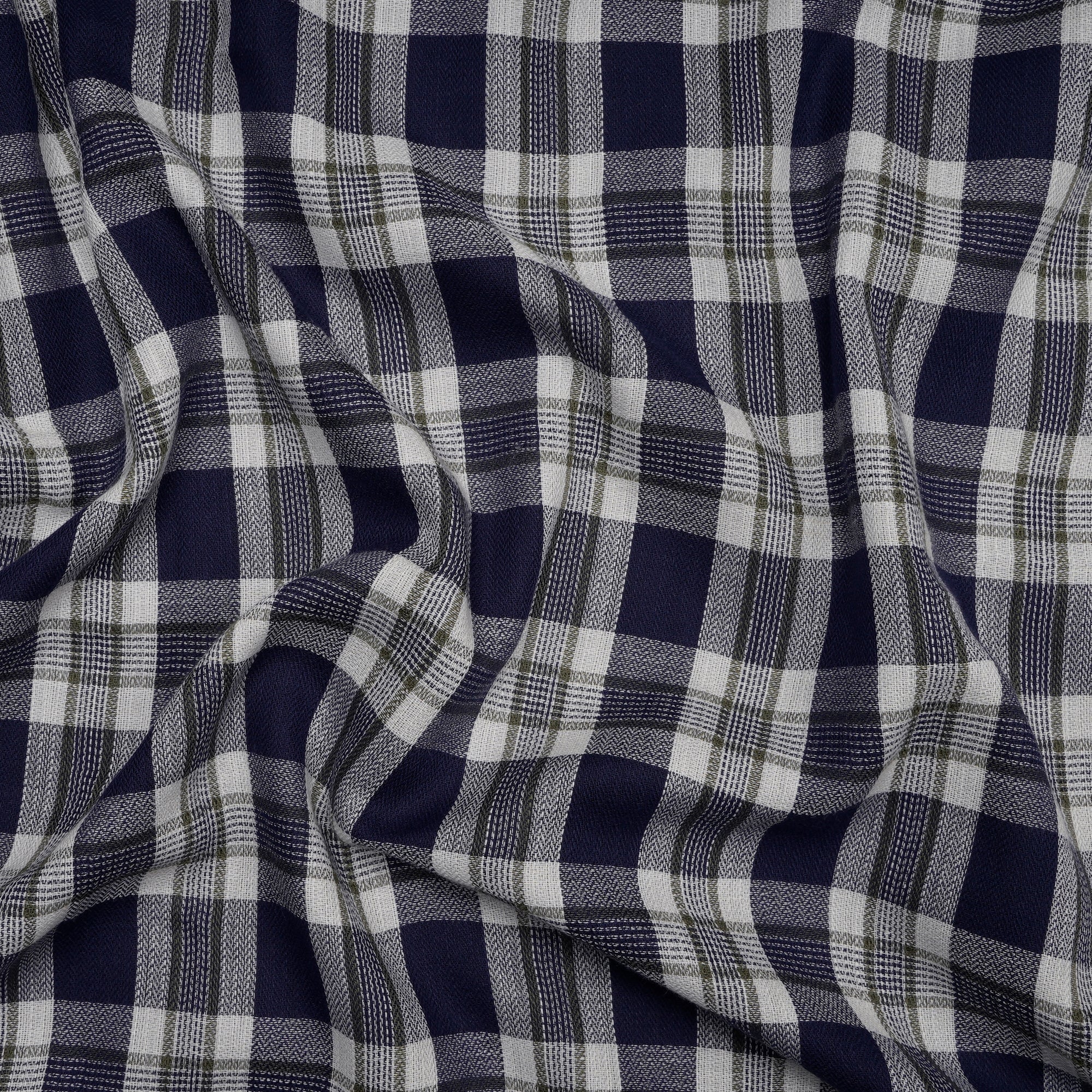 Navy Blue Check Pattern Loom Textured South Cotton Double Cloth Fabric