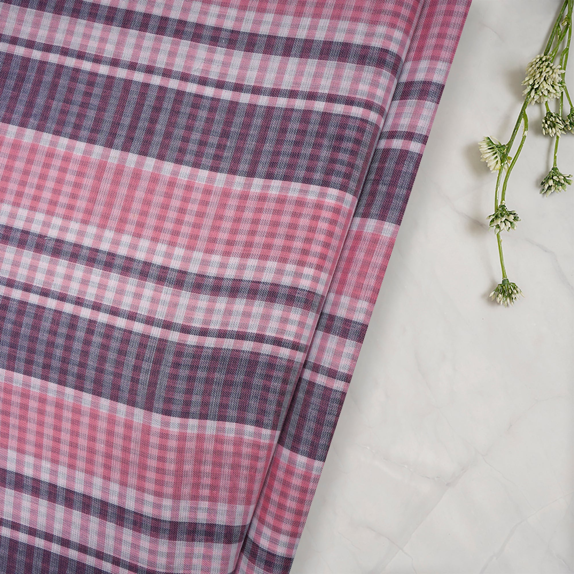 Baby Pink Check Pattern Loom Textured South Cotton Double Cloth Fabric
