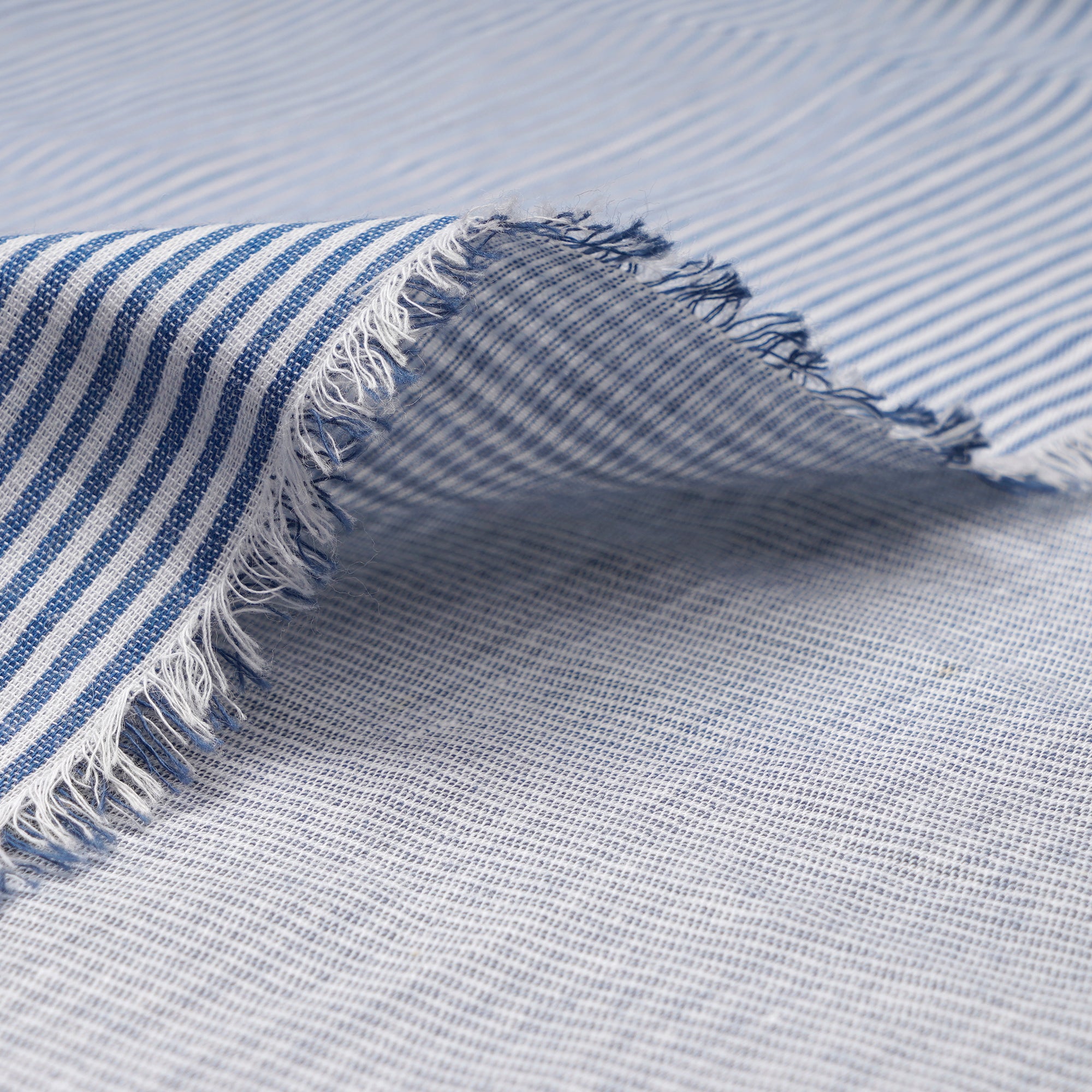 White-Blue Stripe Pattern Loom Textured South Cotton Double Cloth Fabric