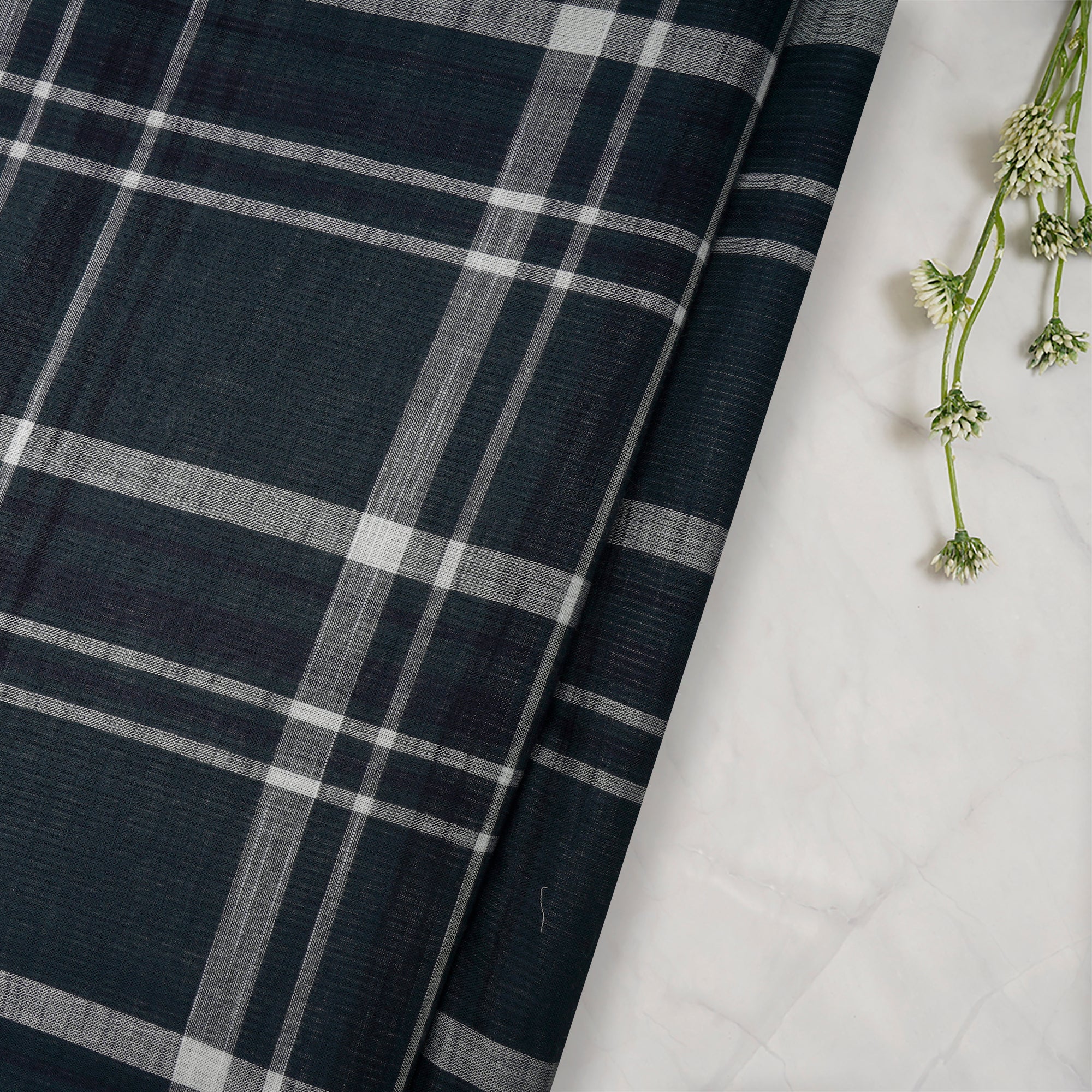 Dark Blue Check Pattern Loom Textured South Cotton Double Cloth Fabric