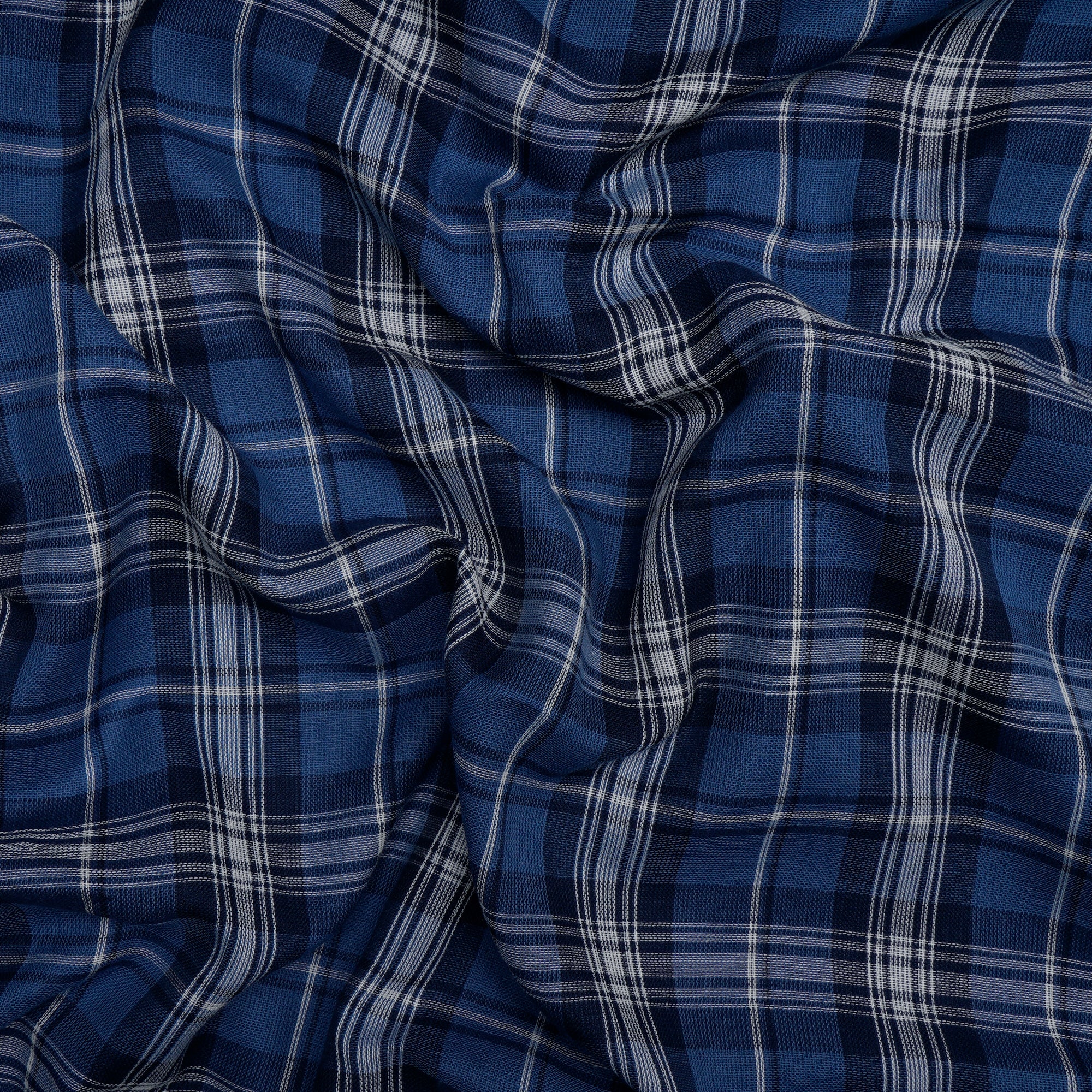 Blue Check Pattern Loom Textured South Cotton Double Cloth Fabric