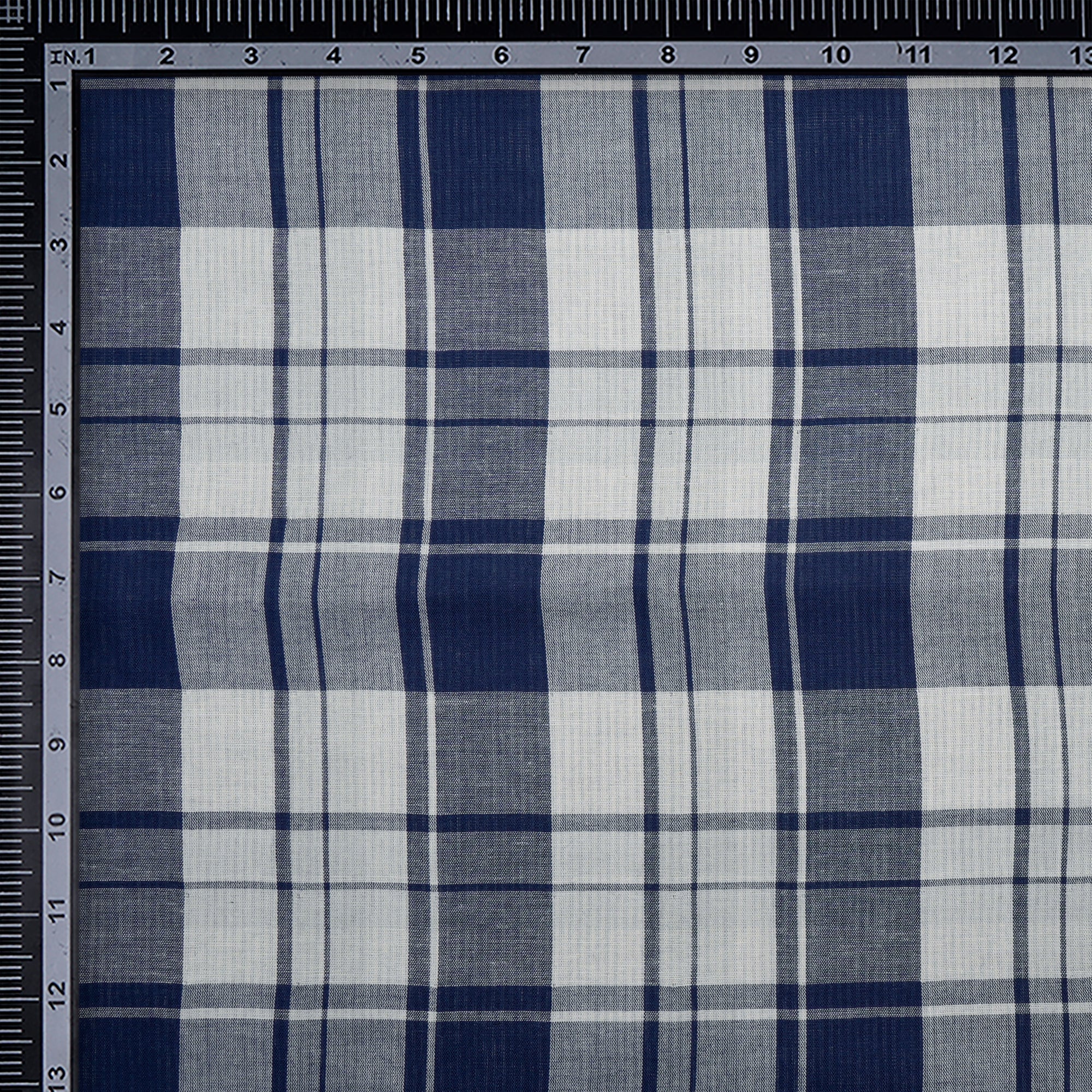 Navy Blue-White Check Pattern Loom Textured South Cotton Double Cloth Fabric