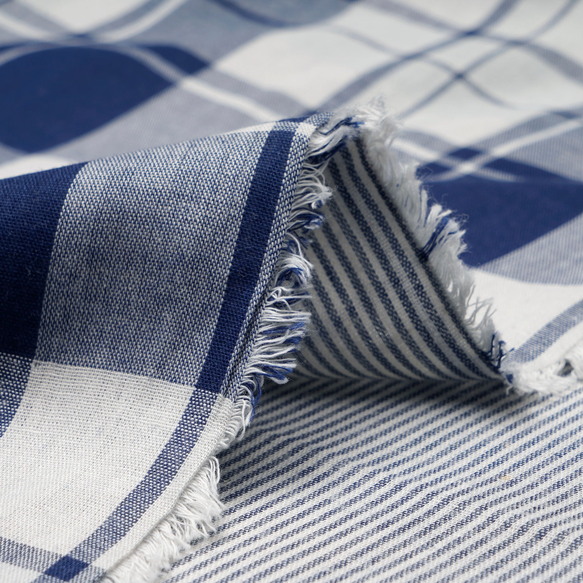 Navy Blue-White Check Pattern Loom Textured South Cotton Double Cloth Fabric