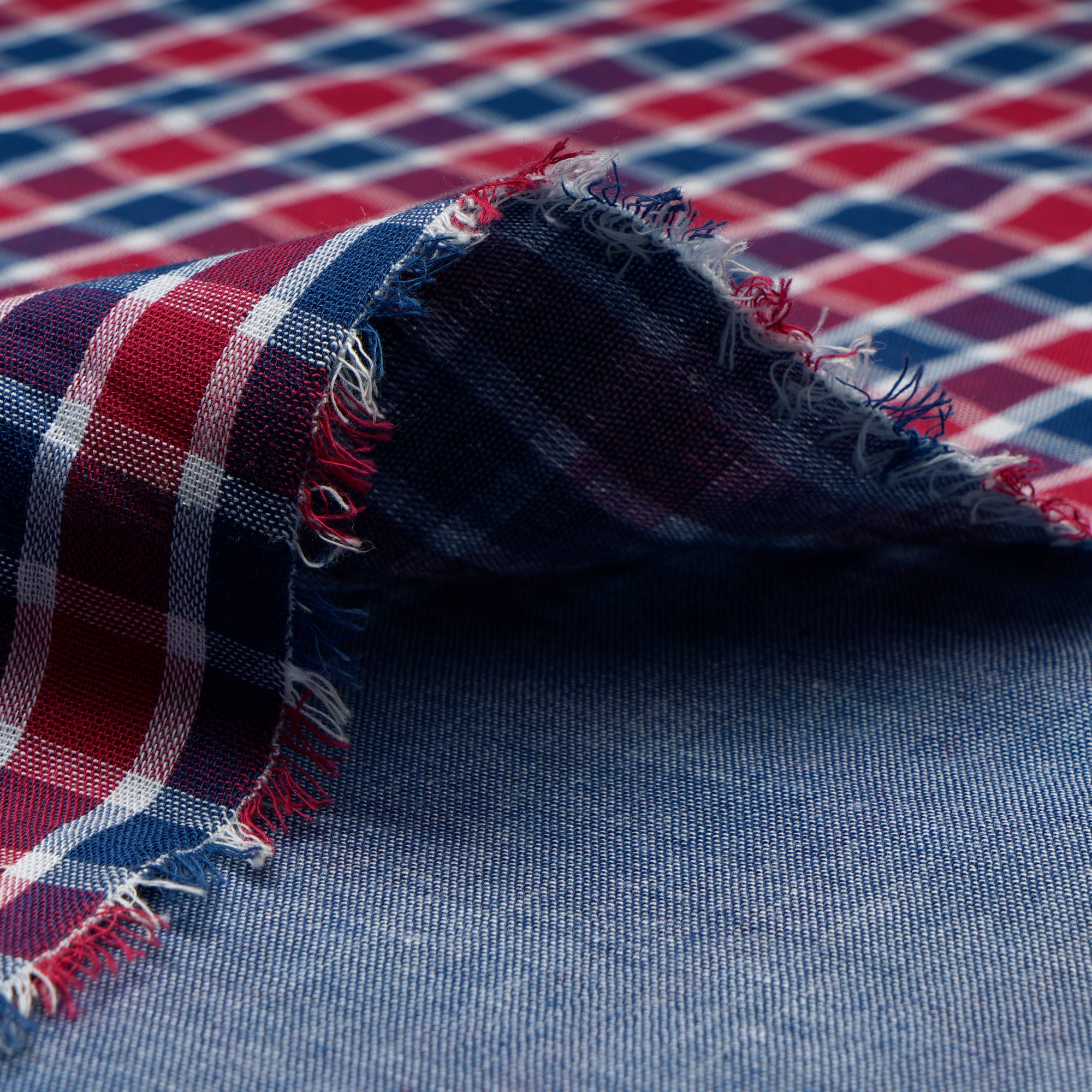 Red-Blue Check Pattern Loom Textured South Cotton Double Cloth Fabric