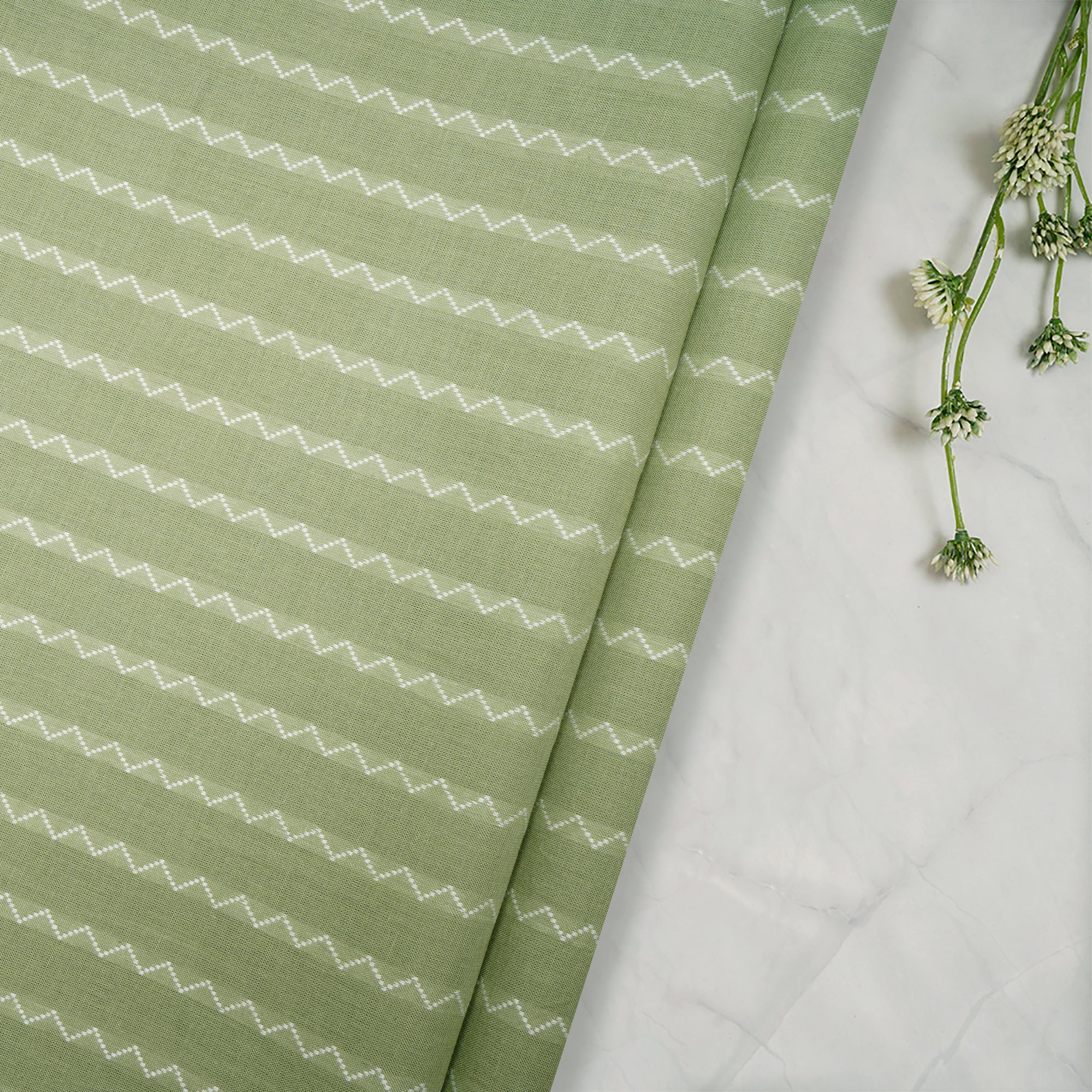 Celadon Green Stripe Pattern Yarn Dyed Cutwork Fancy South Cotton Fabric