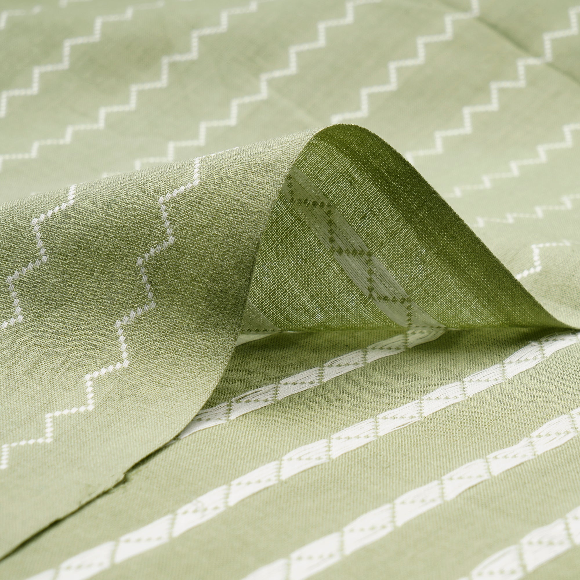 Celadon Green Stripe Pattern Yarn Dyed Cutwork Fancy South Cotton Fabric