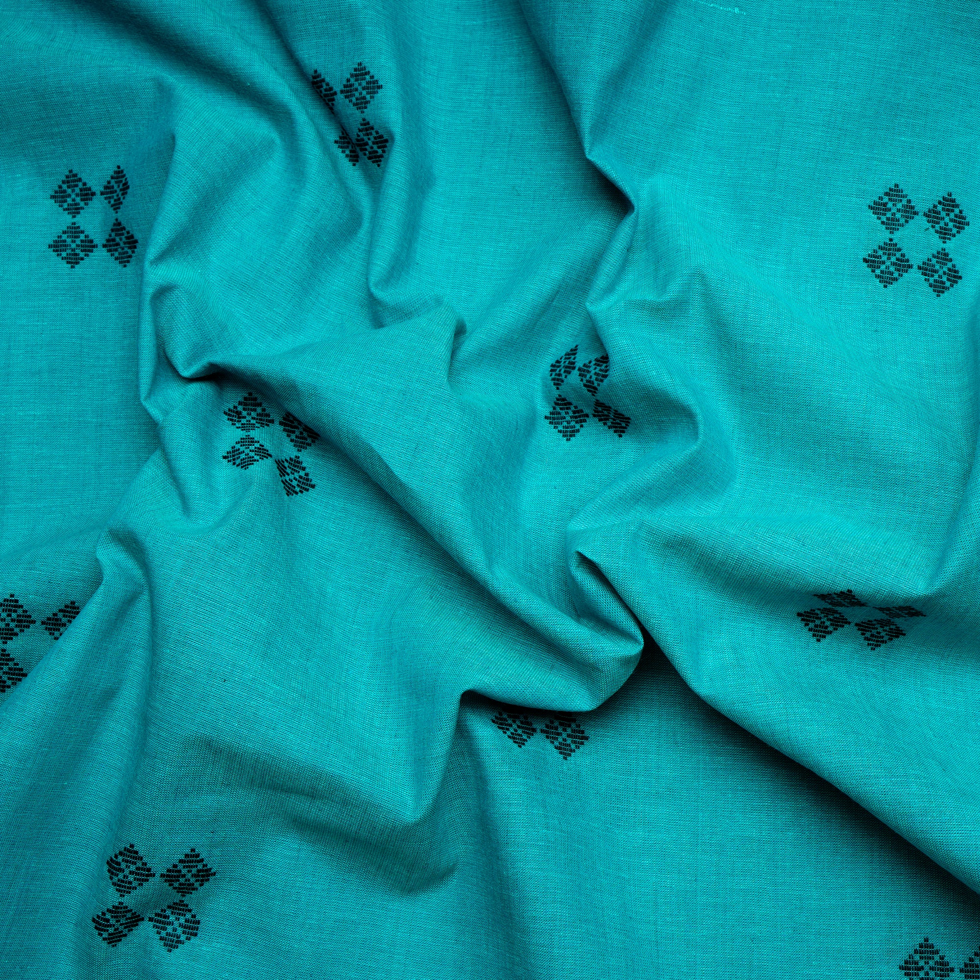 Bright Aqua Geometric Pattern Yarn Dyed Cutwork Fancy South Cotton Fabric