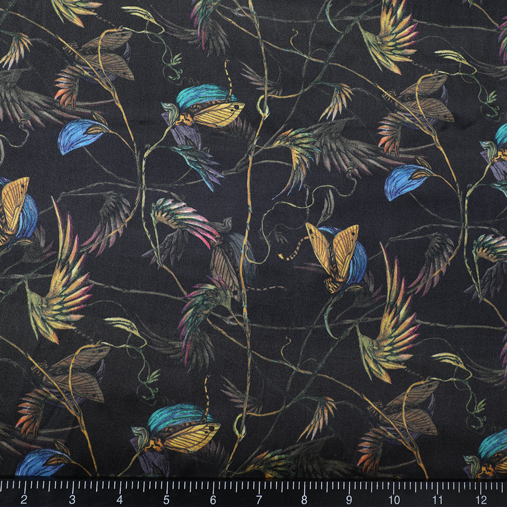 Black Color Digital Printed Satin Silk Fabric