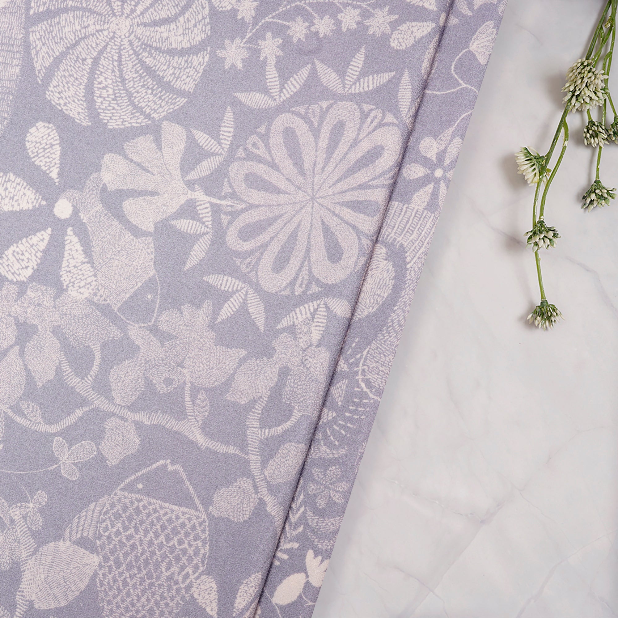 Grey Floral Pattern Digital Printed Crepe Silk Fabric