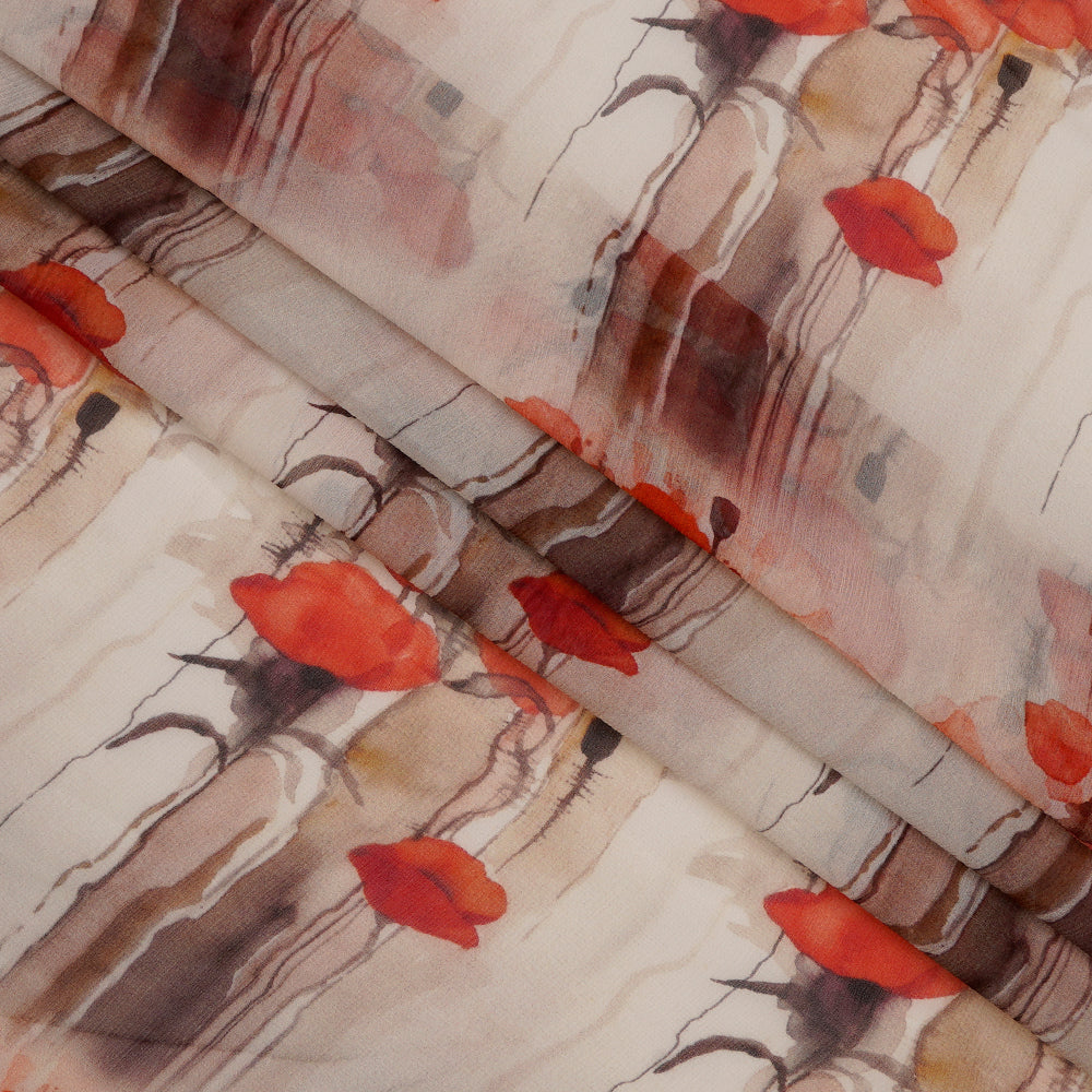 Off White-Brown Color Digital Printed Chiffon Silk Fabric