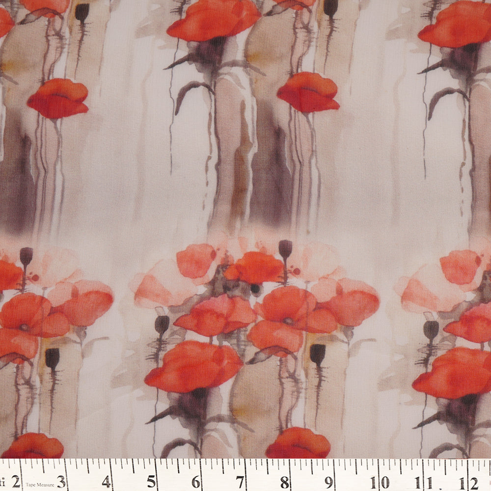 Off White-Brown Color Digital Printed Chiffon Silk Fabric