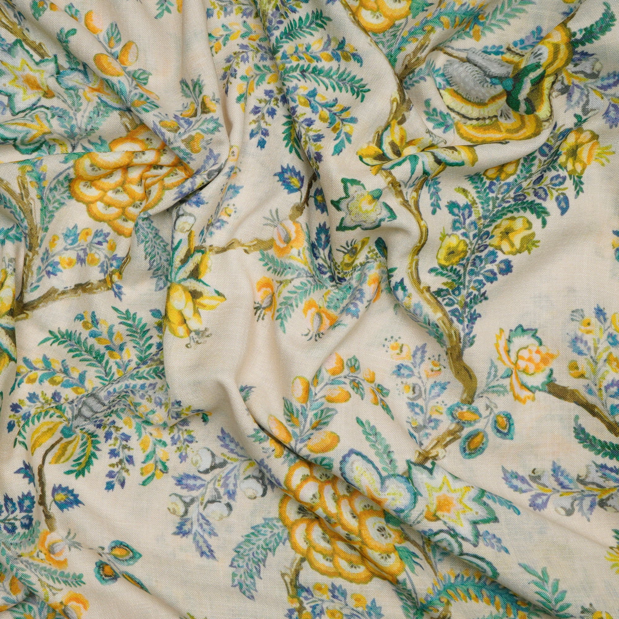 Creamish Yellow Floral Pattern Digital Printed Polyester Linen Fabric
