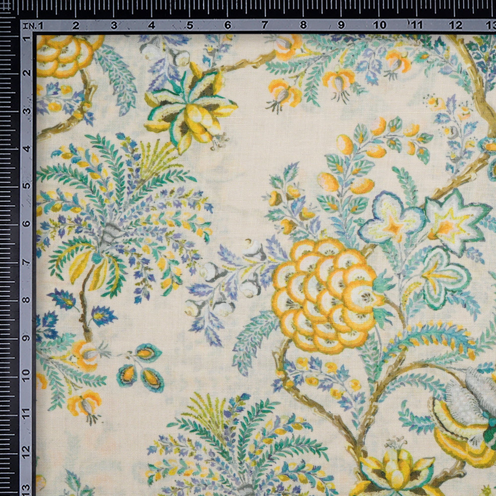 Creamish Yellow Floral Pattern Digital Printed Polyester Linen Fabric