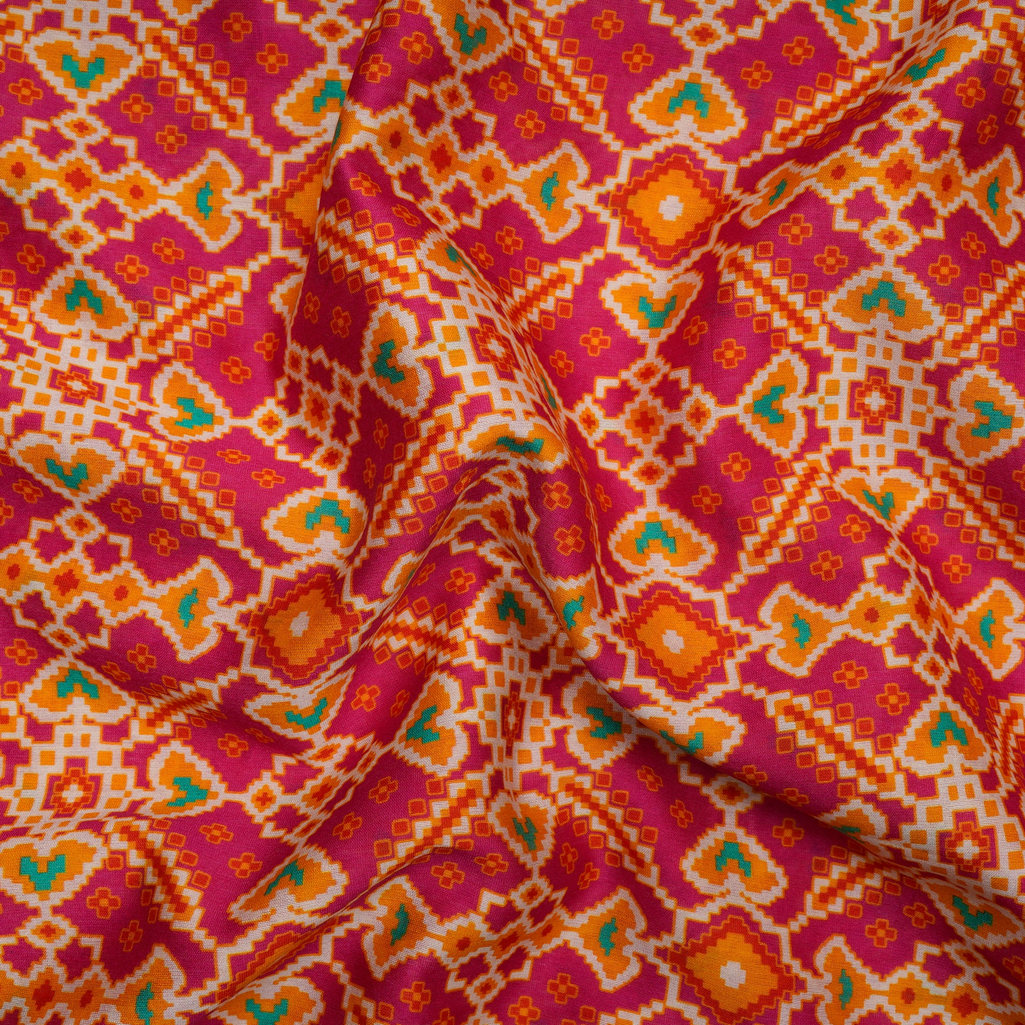 Pink-Yellow Patola Pattern Digital Printed Chanderi Fabric