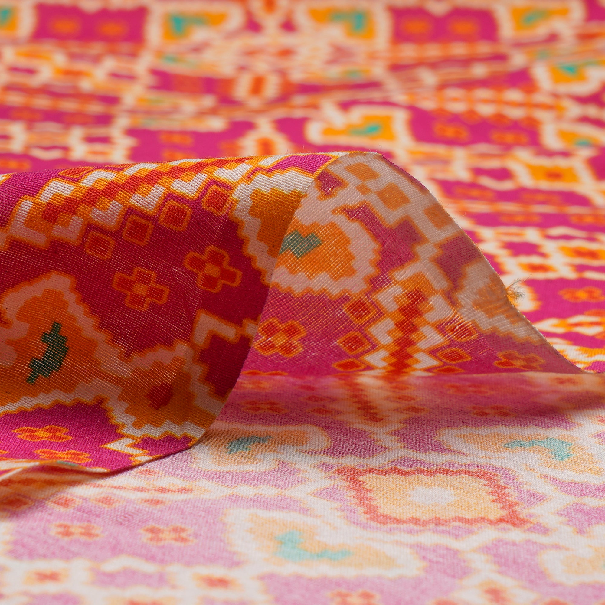 Pink-Yellow Patola Pattern Digital Printed Chanderi Fabric