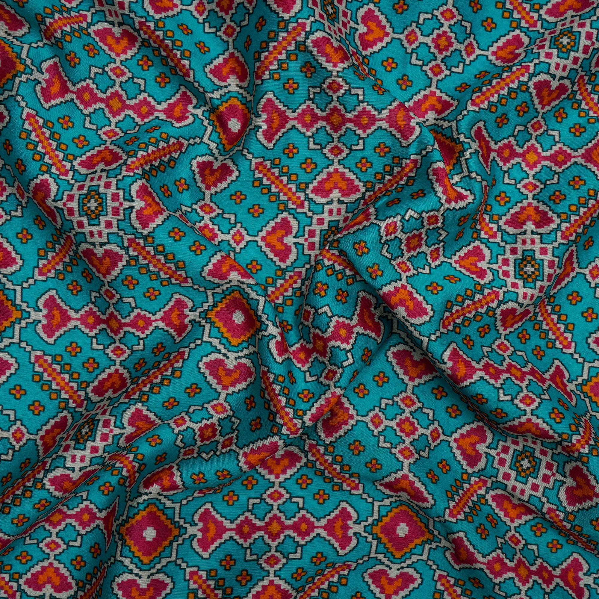 Sky Blue-Pink Patola Pattern Digital Printed Chanderi Fabric