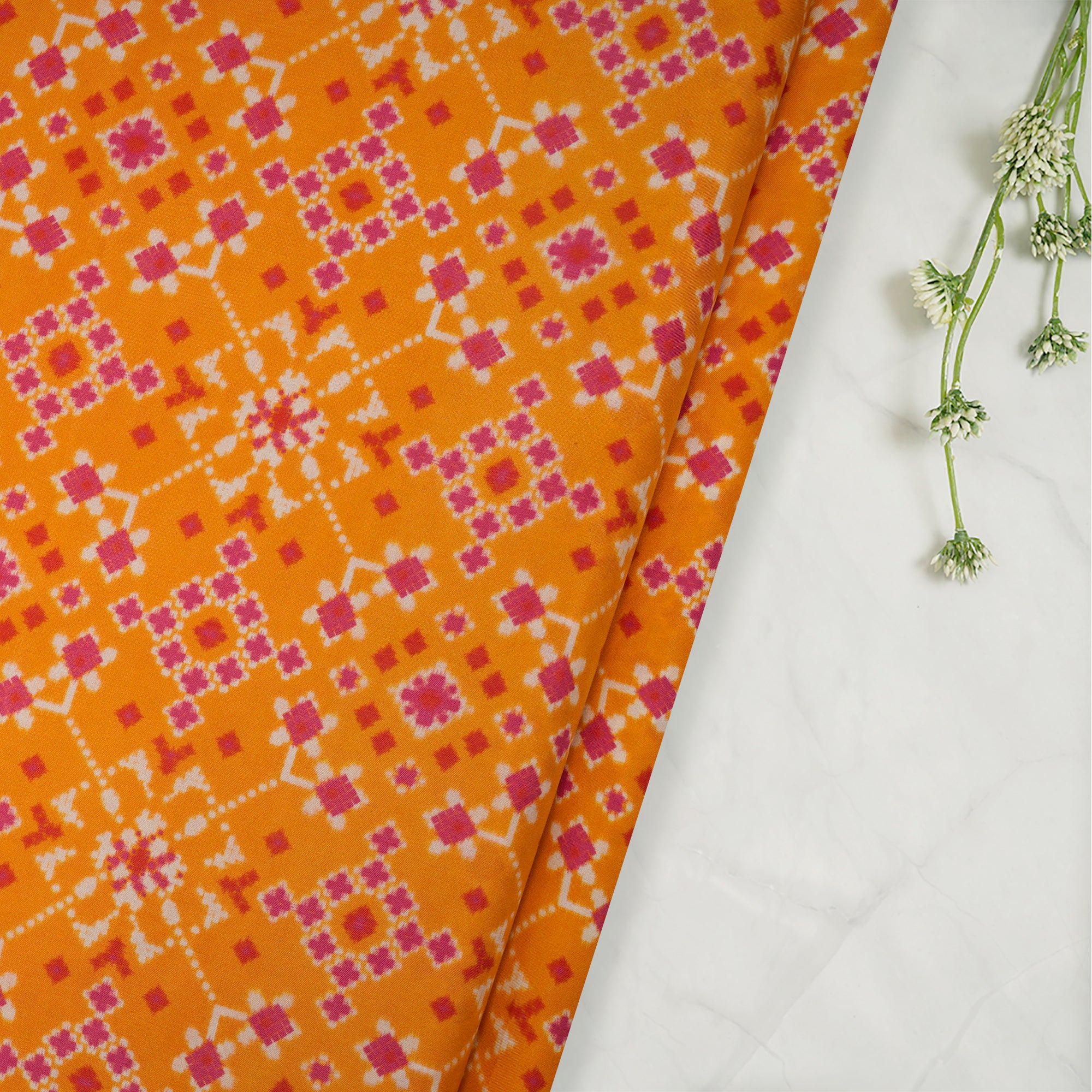 Orange-Pink Patola Pattern Digital Printed Viscose Habutai Fabric