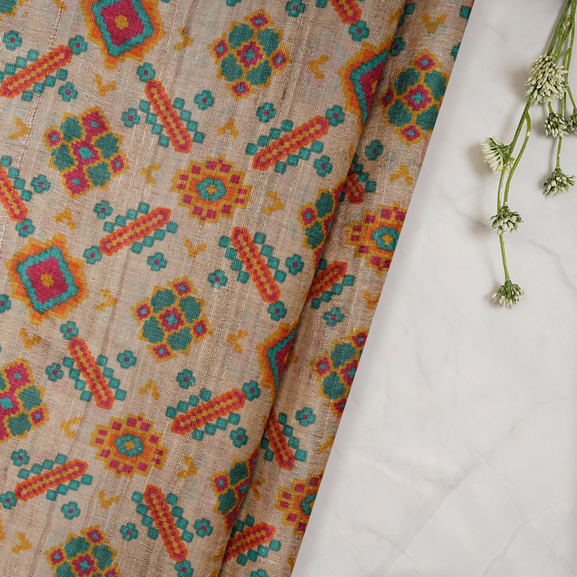 Beige Patola Pattern Digital Printed Tuusar Silk Fabric