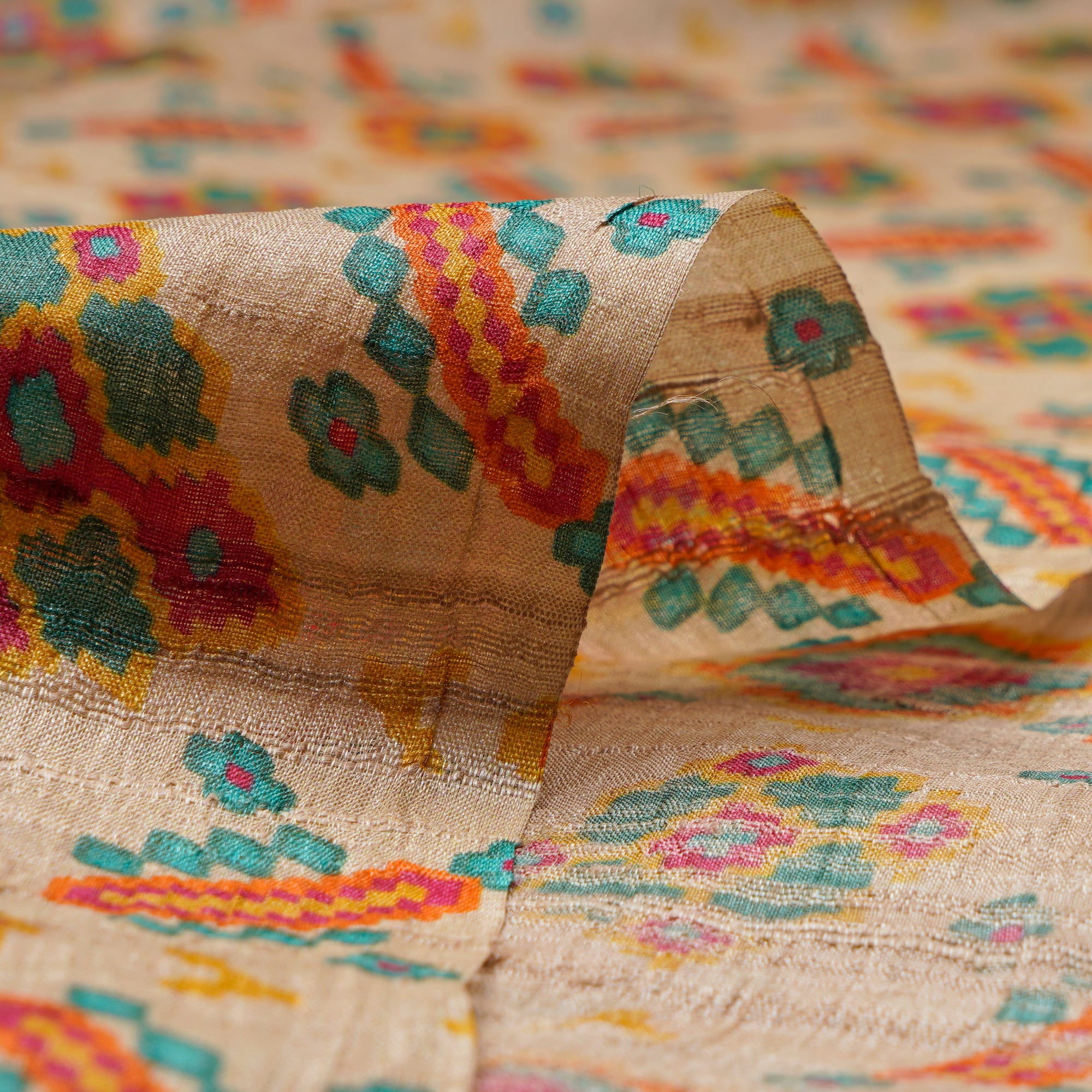 Beige Patola Pattern Digital Printed Tuusar Silk Fabric
