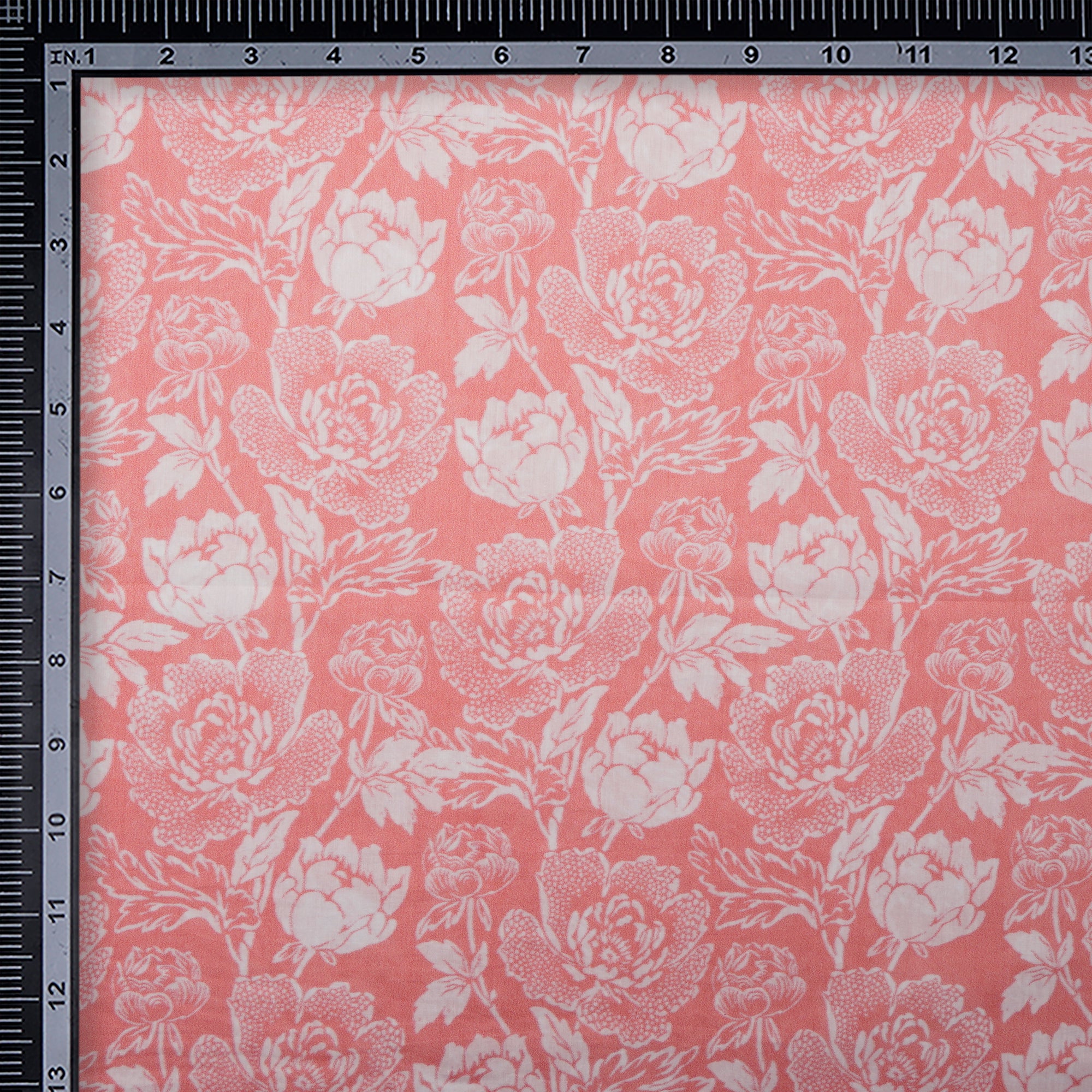 Peach-White Floral Pattern Digital Printed Cotton Lawn Fabric