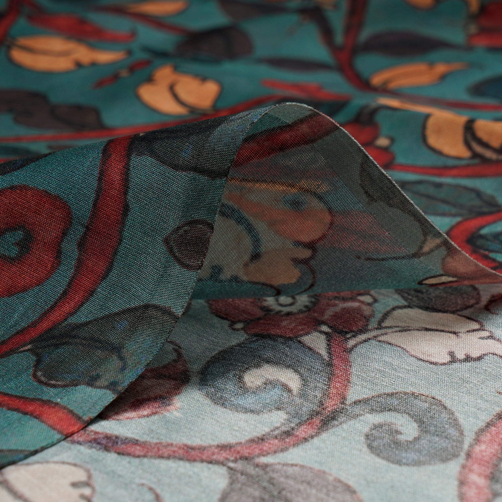 Silver Pine Kalamkari Pattern Digital Printed Pure Chanderi Fabric