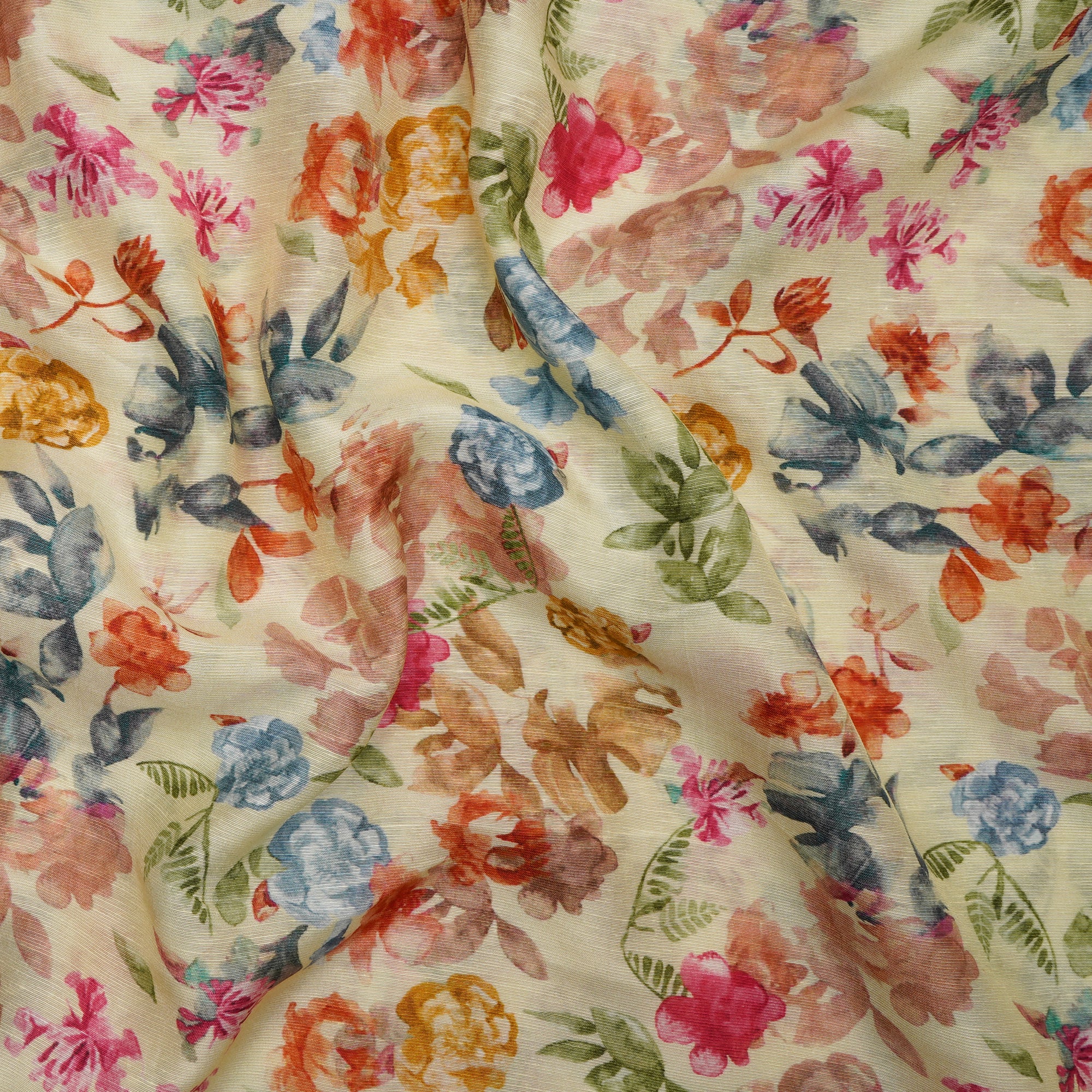 Multi Color Floral Pattern Digital Printed Bemberg Linen Fabric