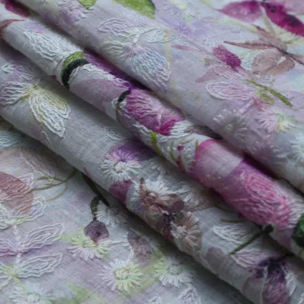 White-Purple Color Digital Printed Embroidered Pure Chanderi Fabric