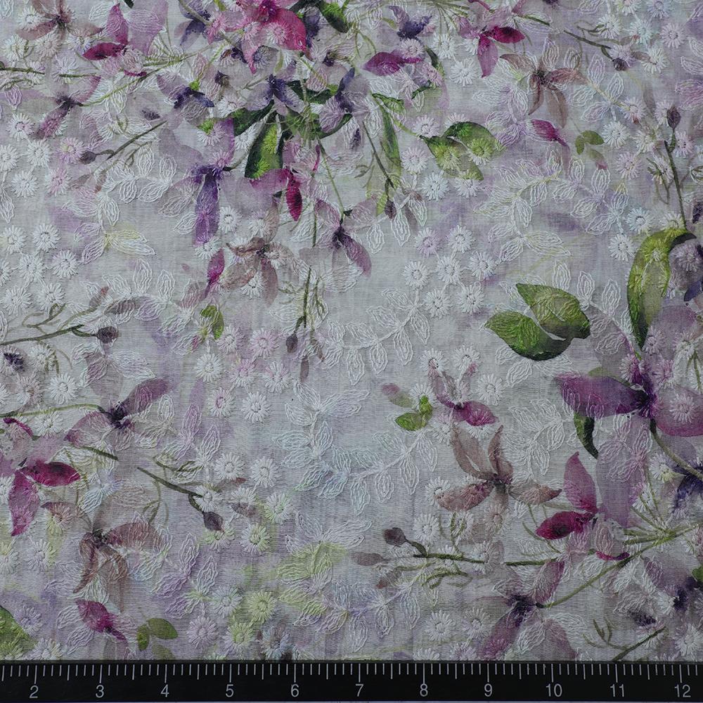White-Purple Color Digital Printed Embroidered Pure Chanderi Fabric