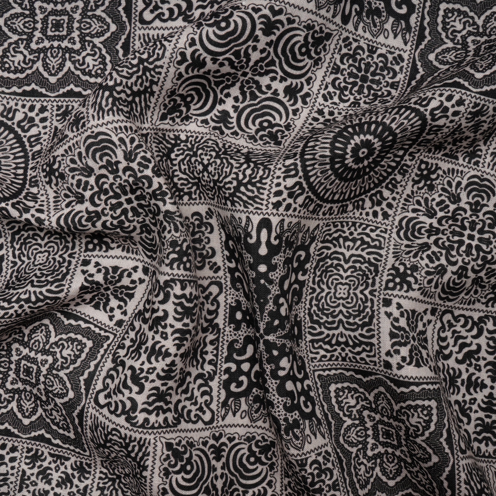 Black White Traditional Pattern Digital Printed Fine Linen Fabric