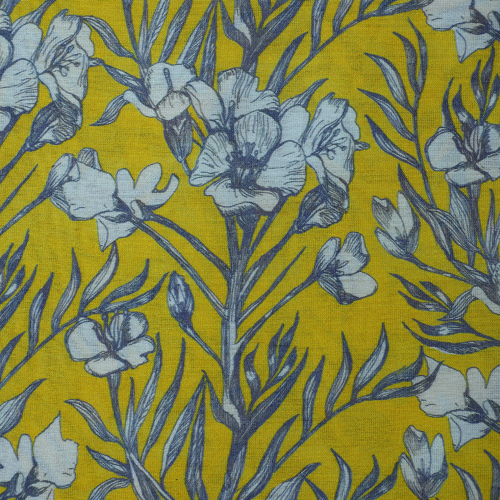 Yellow-Grey Color Digital Printed Pure Chanderi Fabric