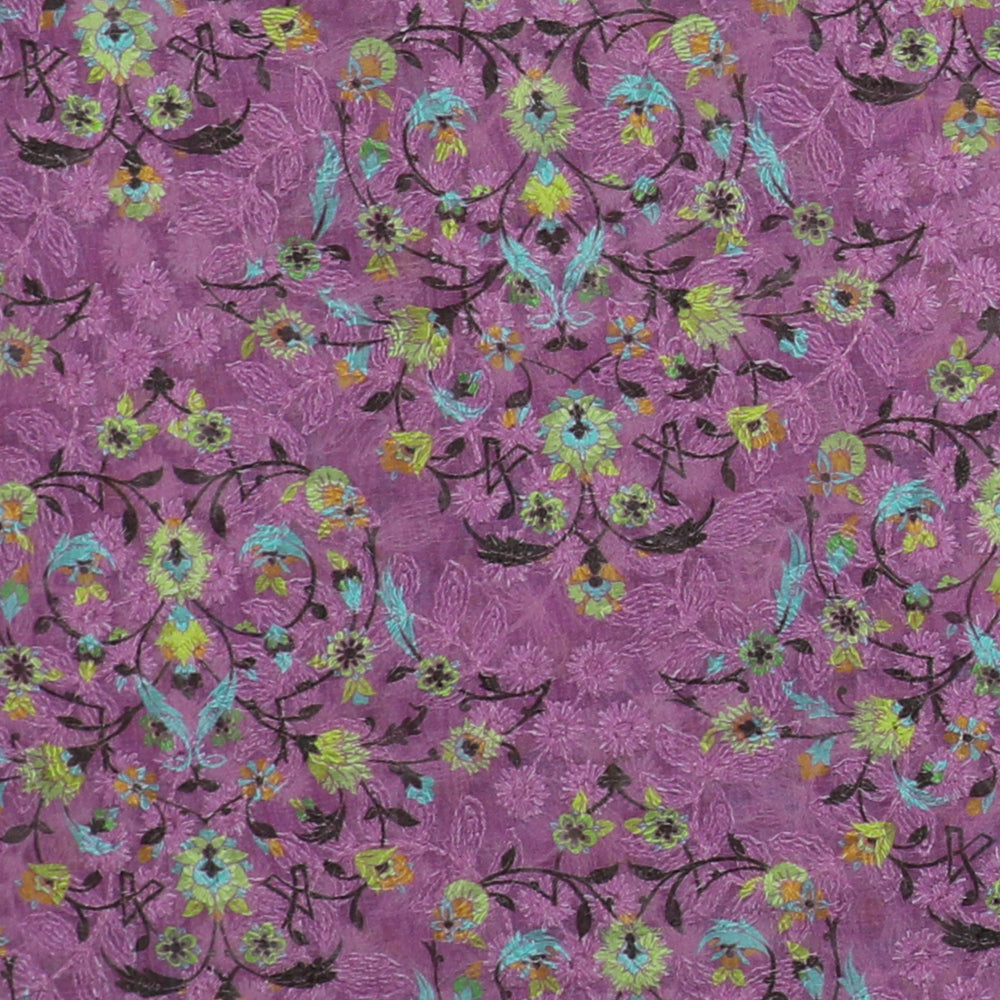 Purple Color Digital Printed Embroidered Pure Chanderi Fabric