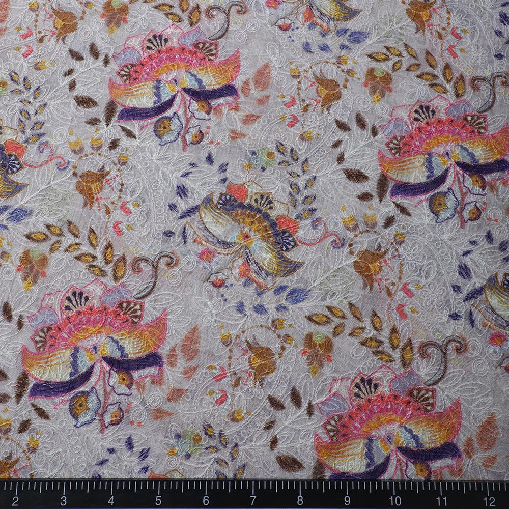Multi Color Digital Printed Embroidered Pure Chanderi Fabric