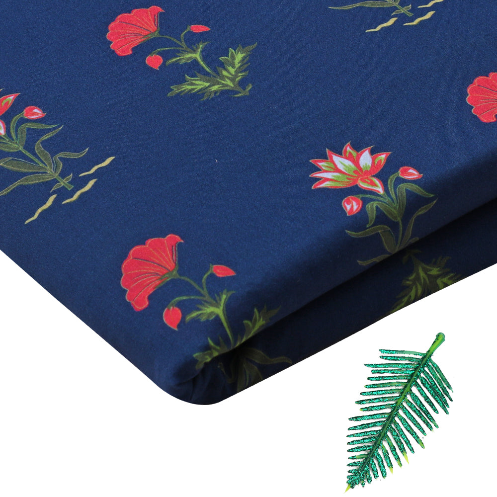 Navy Blue-Pink color Digital Printed Cotton Lawn Fabric