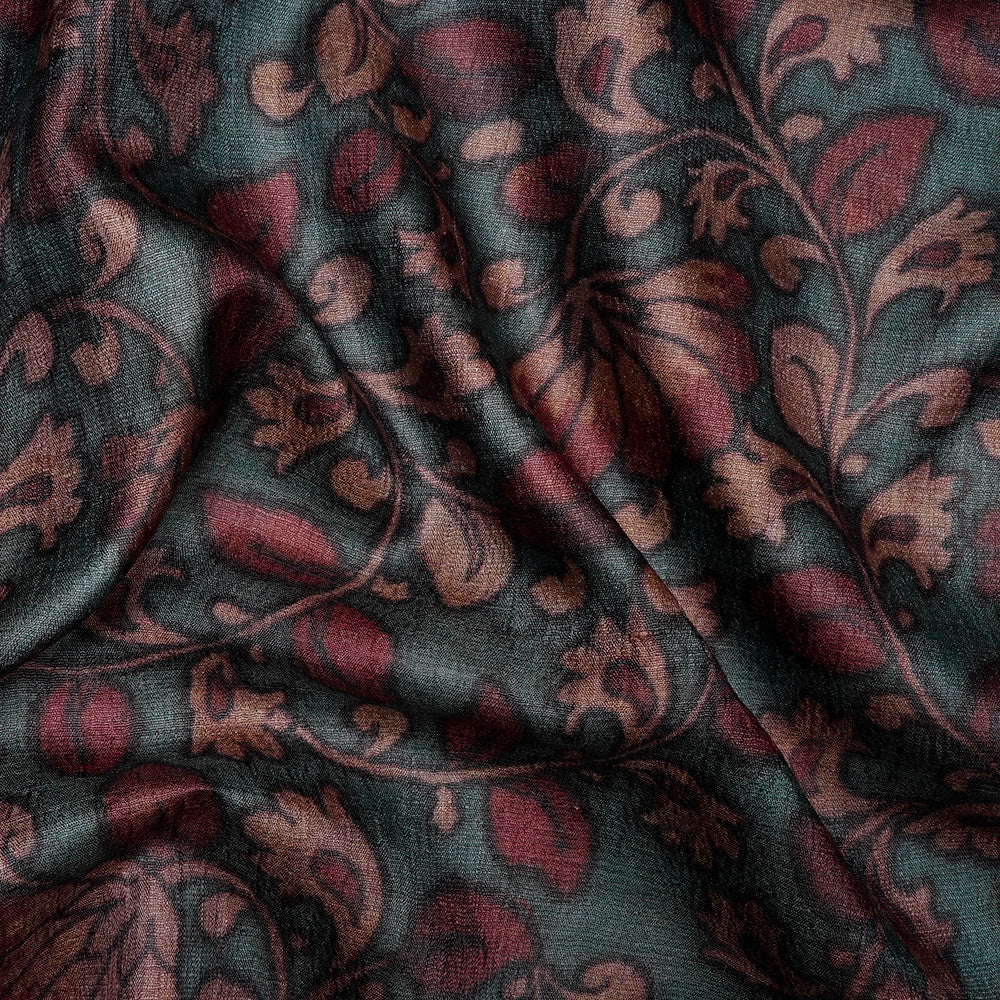 Teal-Brown Kalamkari Pattern Digital Printed Tussar Silk Fabric