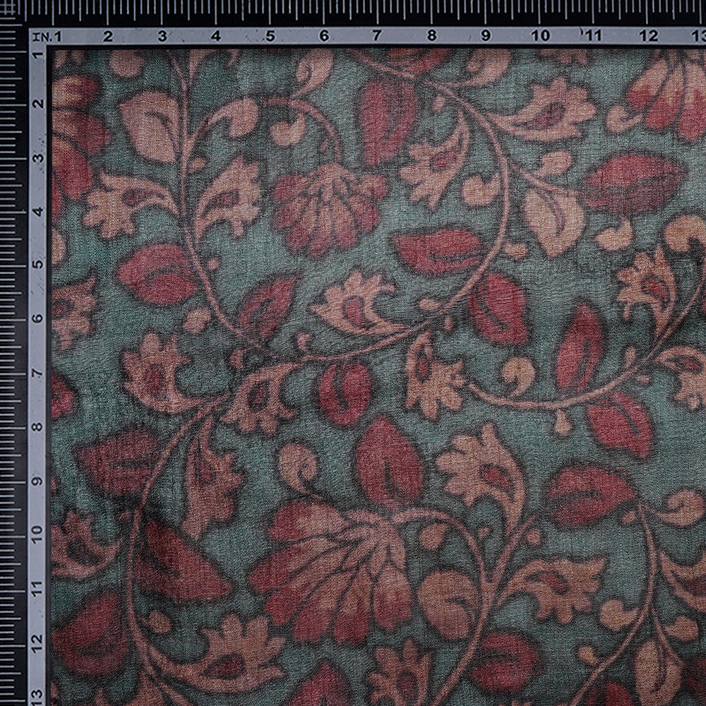 Teal-Brown Kalamkari Pattern Digital Printed Tussar Silk Fabric