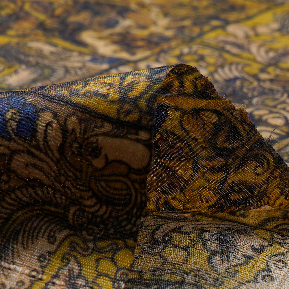 Citrine Color Digital Printed Kalamkari Pattern Tussar Silk Fabric