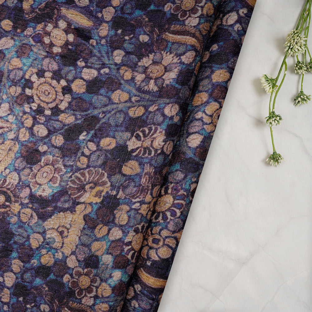 Blue Color Digital Printed Kalamkari Pattern Tussar Silk Fabric