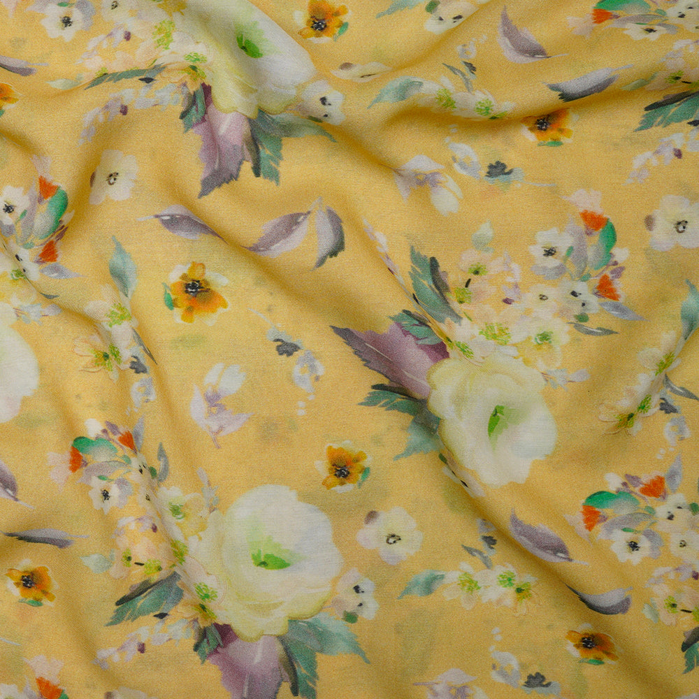 Yellow Color Floral Pattern Digital Printed Bemberg Modal Fabric