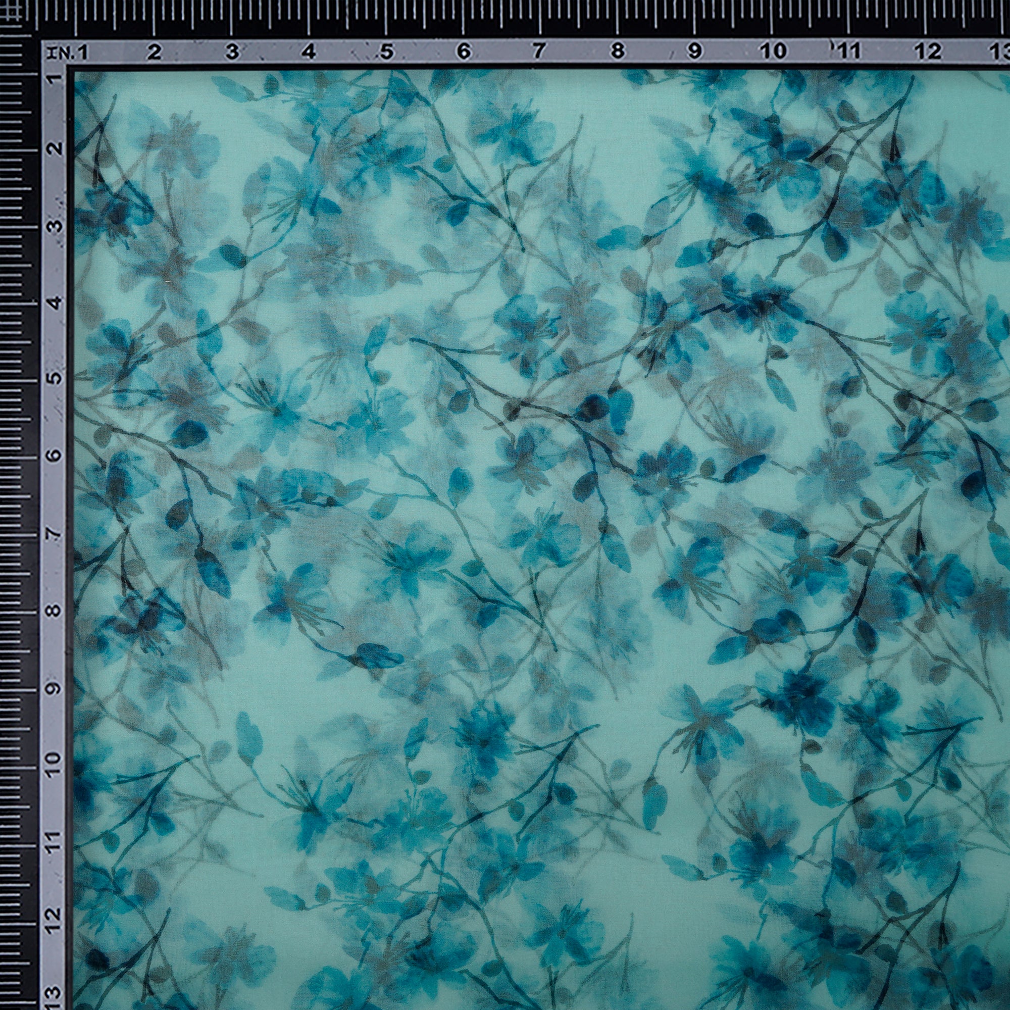 Sky Blue Floral Pattern Digital Printed Organza Silk Fabric