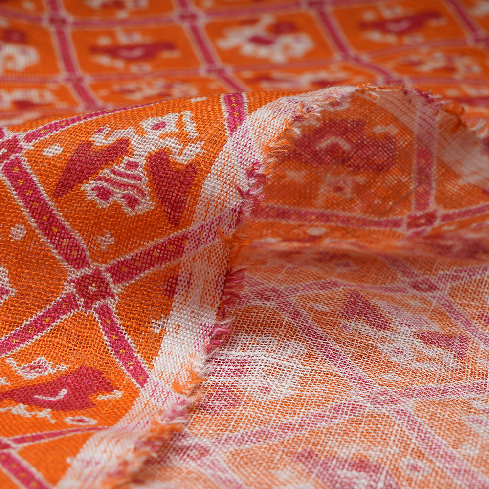 Orange Color Digital Printed Patola Pattern Gauge Linen Fabric