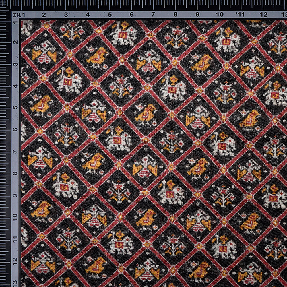 Black Color Digital Printed Patola Pattern Gauge Linen Fabric