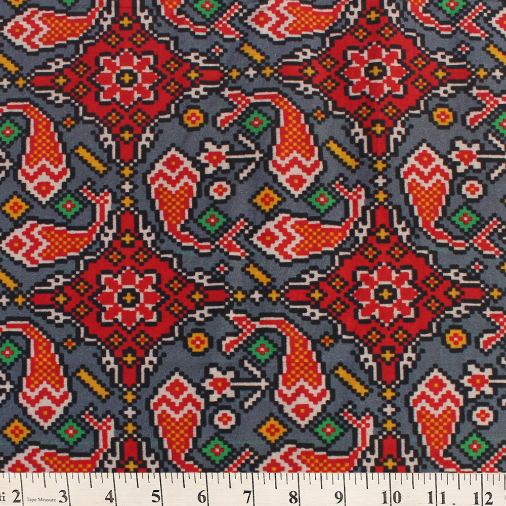 Grey-Red Color Digital Printed Cotton Muslin Fabric