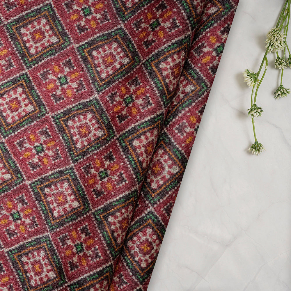 Red - Green Color Digital Printed Patola Pattern Tussar Silk Fabric