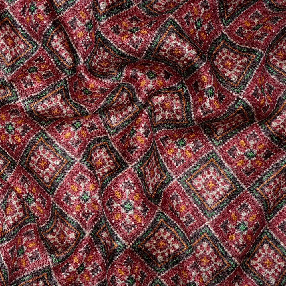 Red - Green Color Digital Printed Patola Pattern Tussar Silk Fabric