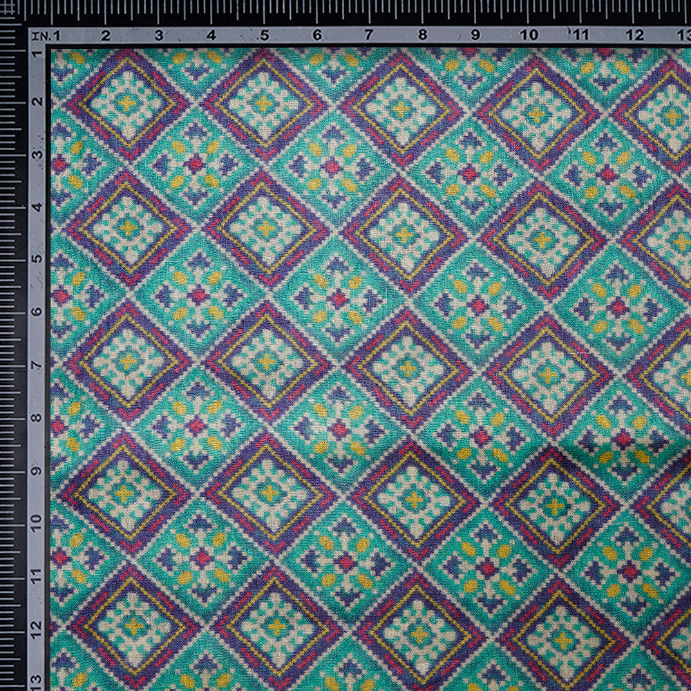 Ocean Blue Color Digital Printed Patola Pattern Tussar Silk Fabric